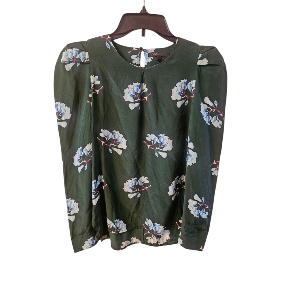 Maje Lukoise Green Floral Silk Blend Puff Sleeve Blouse Top Size 1 Small EUC